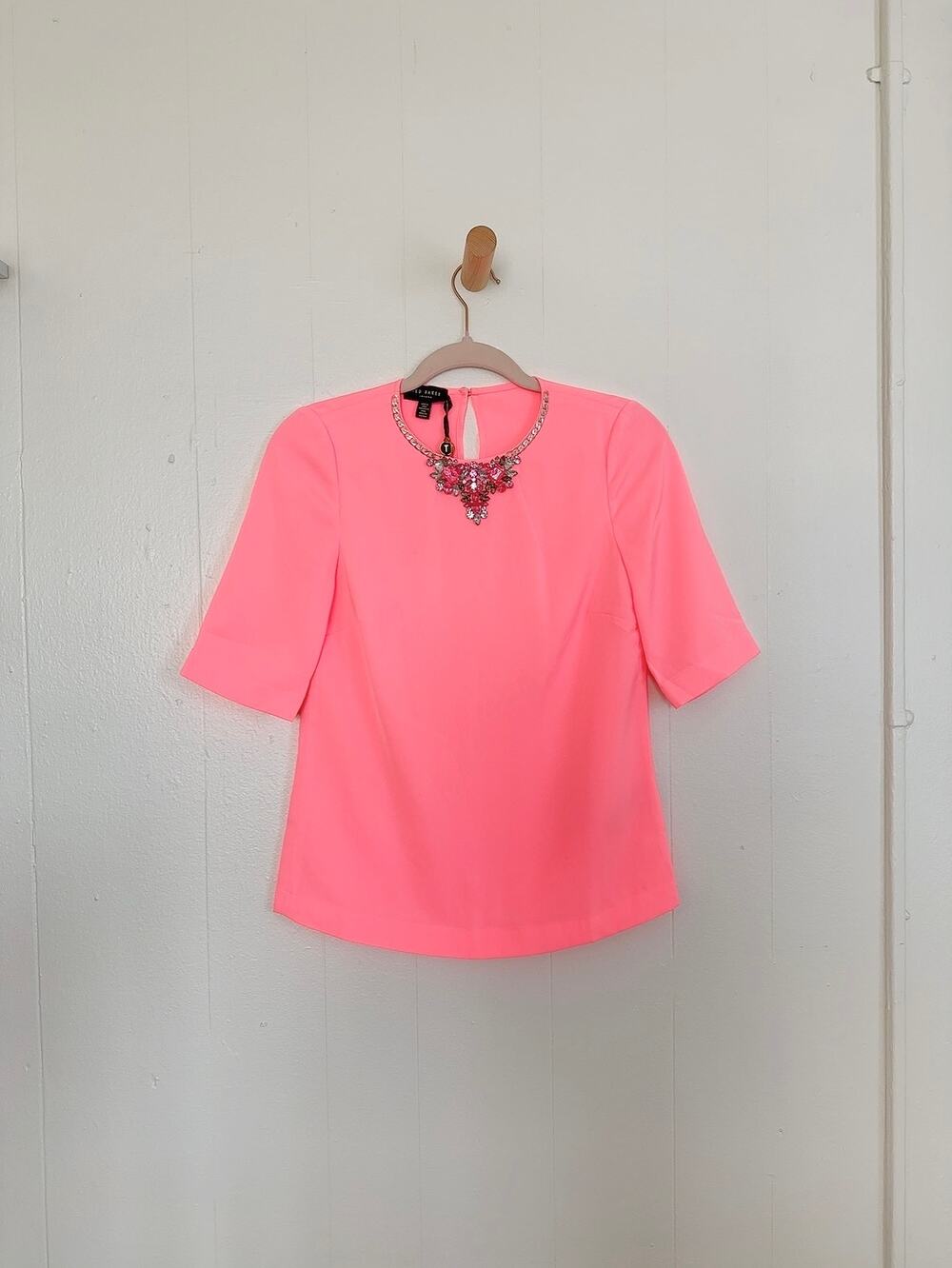 Ted Baker Coral Meleni Jeweled Necklace Detail Top Neon Pink NWT Size 0